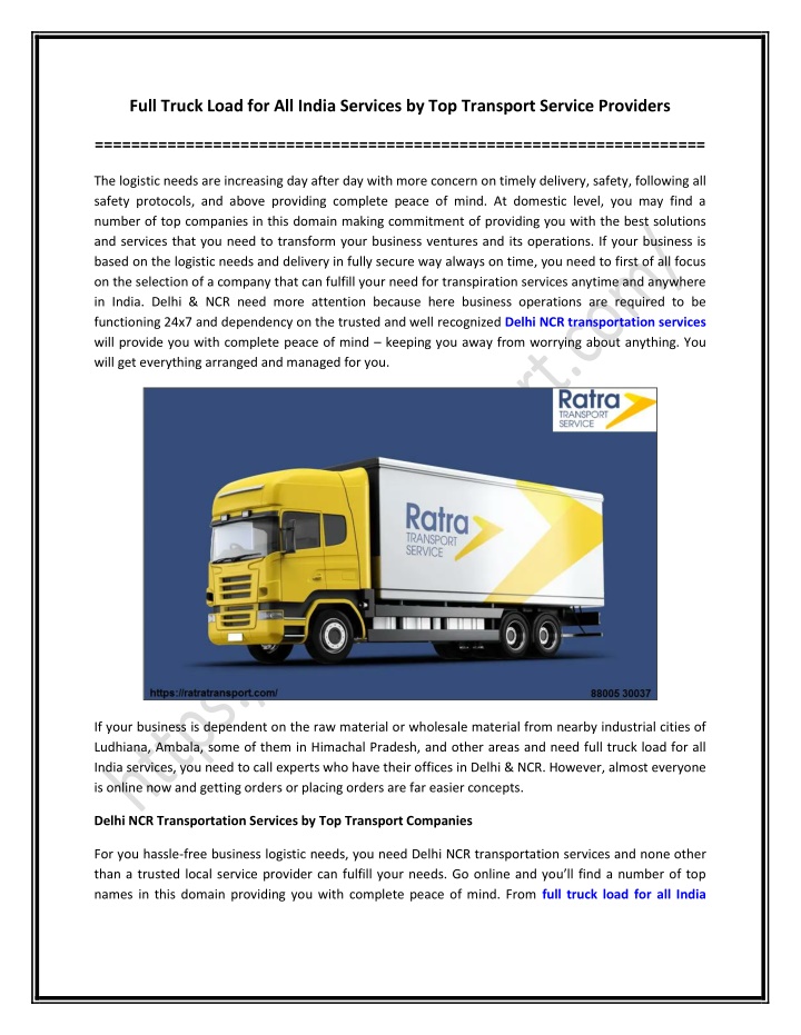 PPT - Full Truck Load for All India Services by Top Transport Service Providers PowerPoint Presentation - ID:11360473