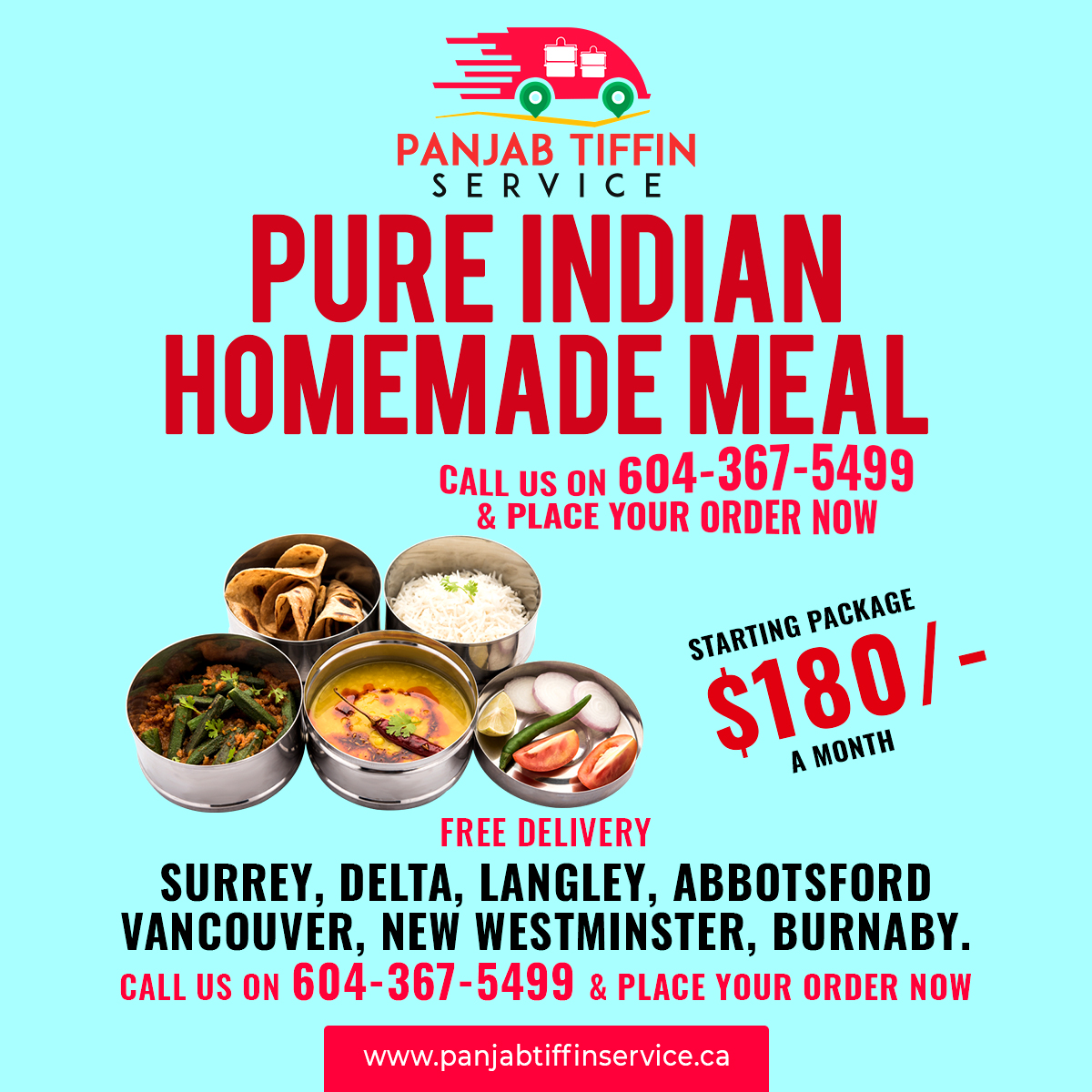 Monthly Tiffin Service - Panjab Tiffin Service. Tel-604-367-5499