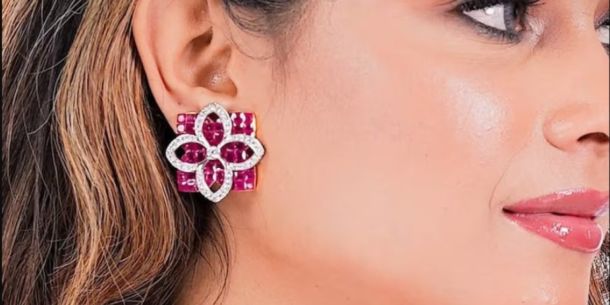 Pink Ruby Stud Earring Invisible Setting Ruby Flower Earrings