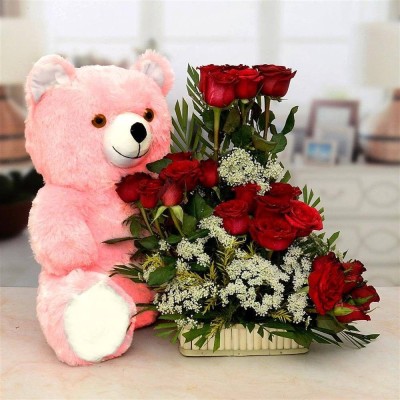 Pink Teddy Bear with Exotic Red Rose Basket YuvaFlowers Profile Picture