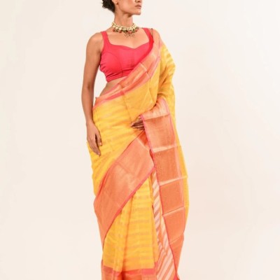 Yellow and Pink with Gold Border Handloom Silk Organza Saree Profile Picture